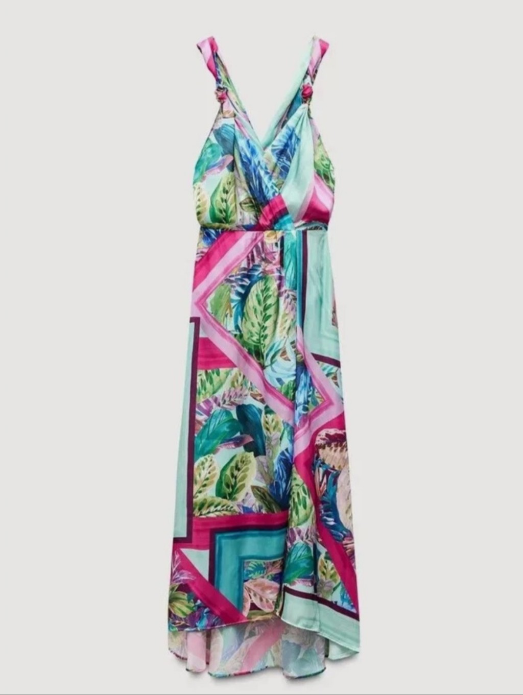 Zara Dress Nwt Size M Multicolor Leaf Print Maxi Slit Satin Summer Travel